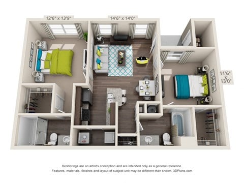 Floor plan for 2 beds, 2 baths, 1018 sqft
